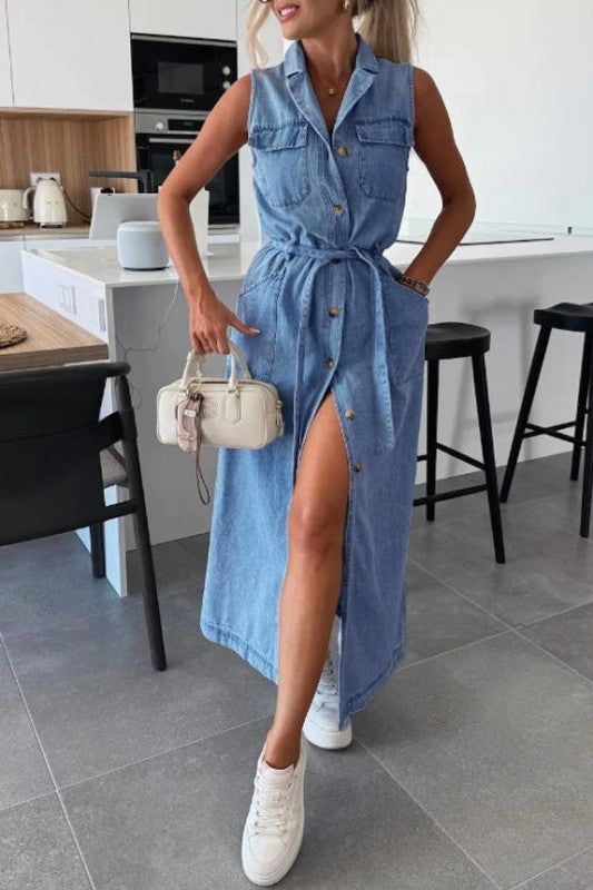 denim dress in store Pretty Puff Sleeve Crafted from 100% cotton twill Challenge Accepted Midi Denim Sleeveless