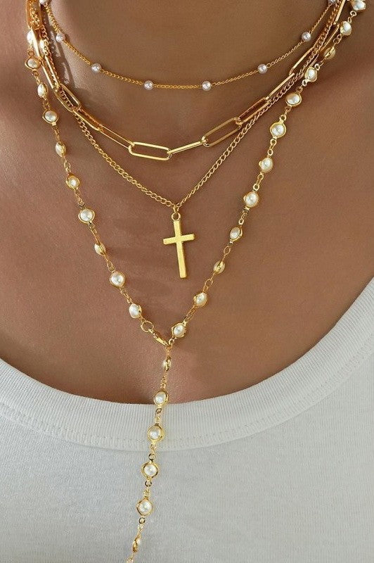 Layered Glam Multi-Strand Gold & Pearl Cross Necklace-Cute-Trendy-Shop-Womens-Boutique-Clothing-Store