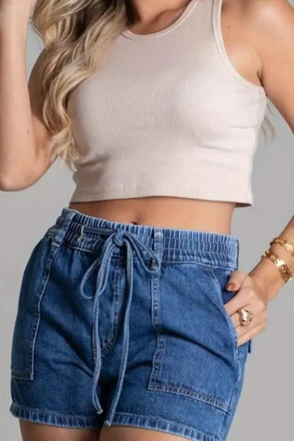 Vacation Ready Elastic Waist Shorts-Medium Denim-SMALL-[option4]-[option5]-Cute-Trendy-Shop-Womens-Boutique-Clothing-Store