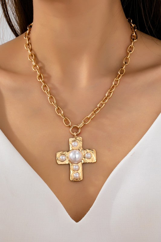 Pearl Hammered Cross Necklace with
