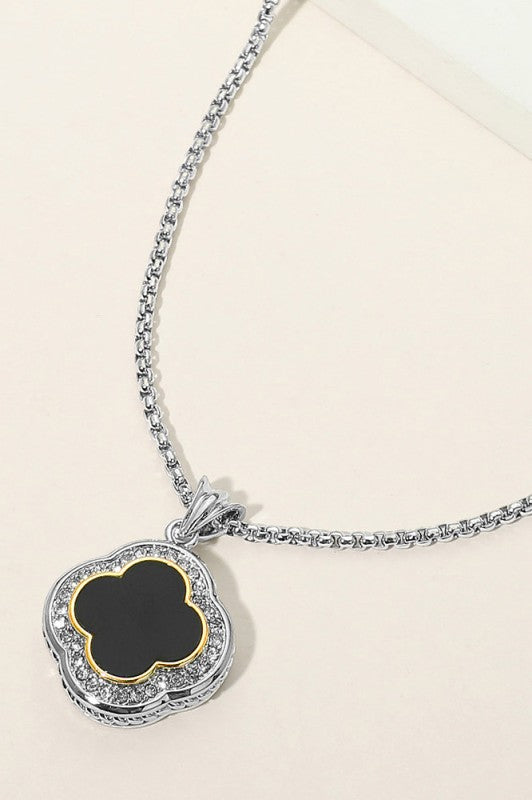Quatrefoil Pave-Rim Pendant Necklace-Black-Cute-Trendy-Shop-Womens-Boutique-Clothing-Store