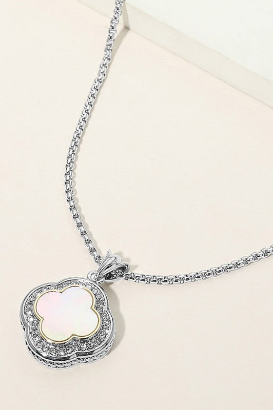 Quatrefoil Pave-Rim Pendant Necklace-White-Cute-Trendy-Shop-Womens-Boutique-Clothing-Store