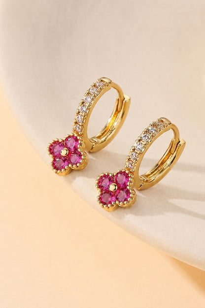 Lucky Lady Sparkle Clover Huggie Hoops-Fuchsia-Cute-Trendy-Shop-Womens-Boutique-Clothing-Store
