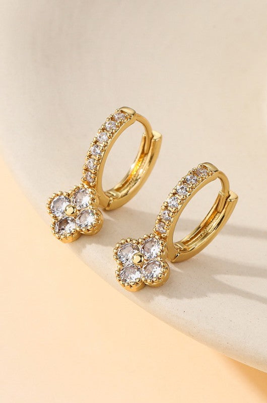Lucky Lady Sparkle Clover Huggie Hoops-Clear-[option4]-[option5]-Cute-Trendy-Shop-Womens-Boutique-Clothing-Store