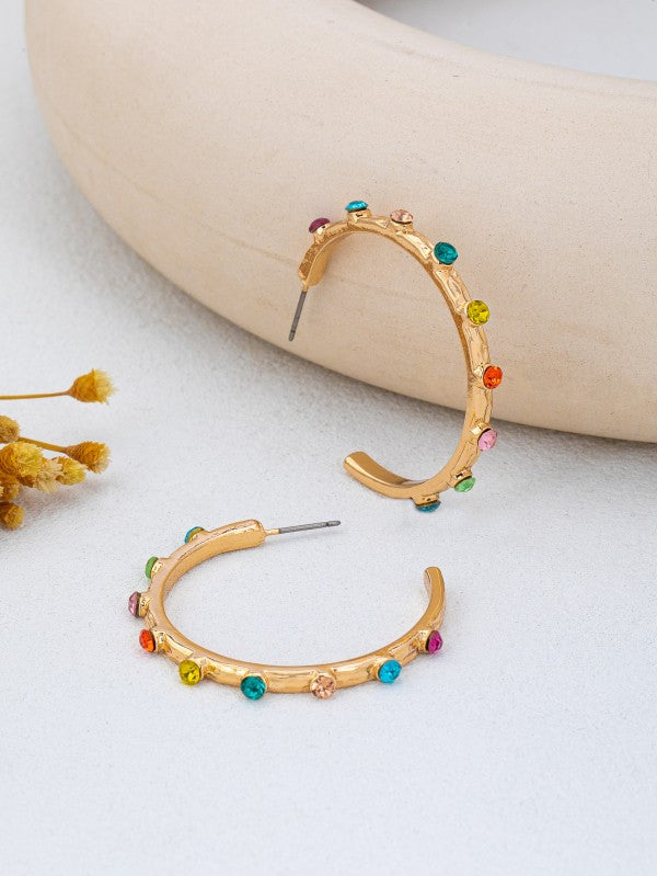 Rainbow Multi Gem Textured Hoop Earrings
