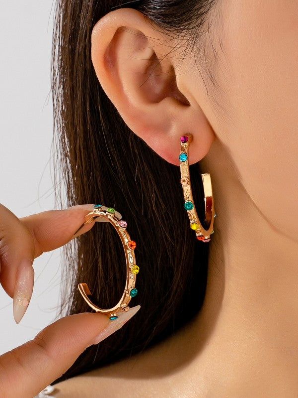 Rainbow Multi Gem Textured Hoop Earrings