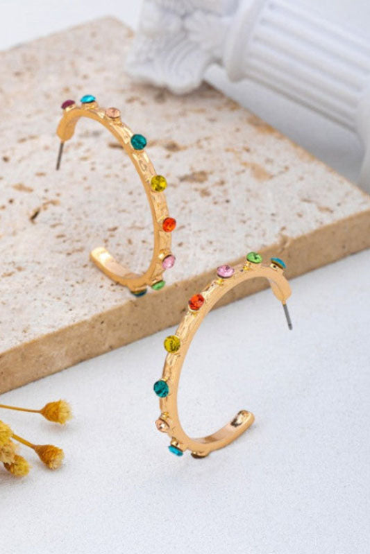 Rainbow Multi Gem Textured Hoop Earrings-Cute-Trendy-Shop-Womens-Boutique-Clothing-Store