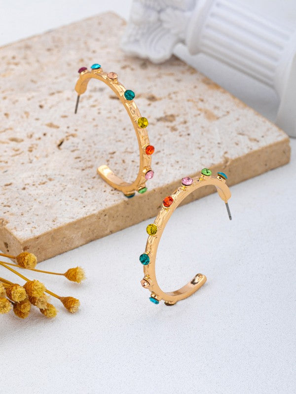 Rainbow Multi Gem Textured Hoop Earrings