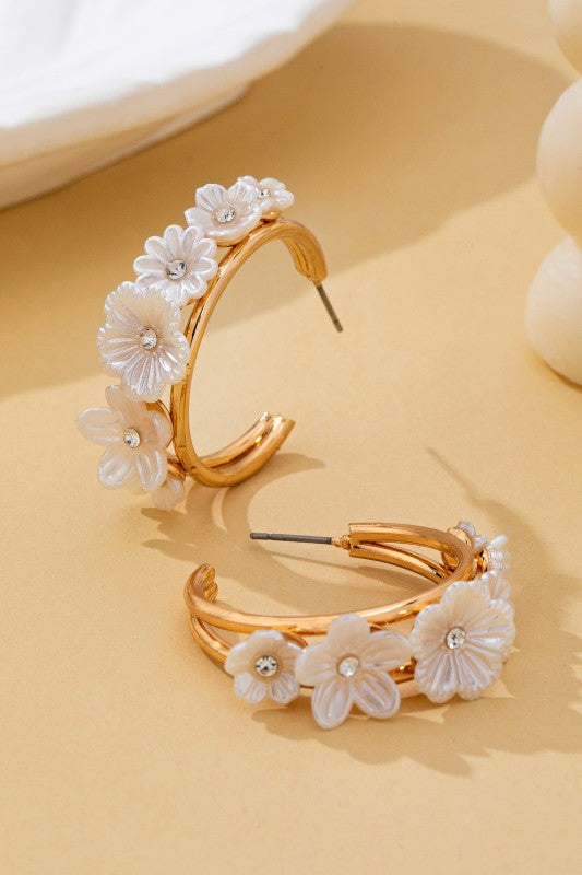 Island Oasis Mother of Pearl Floral Hoop Earrings-Cute-Trendy-Shop-Womens-Boutique-Clothing-Store