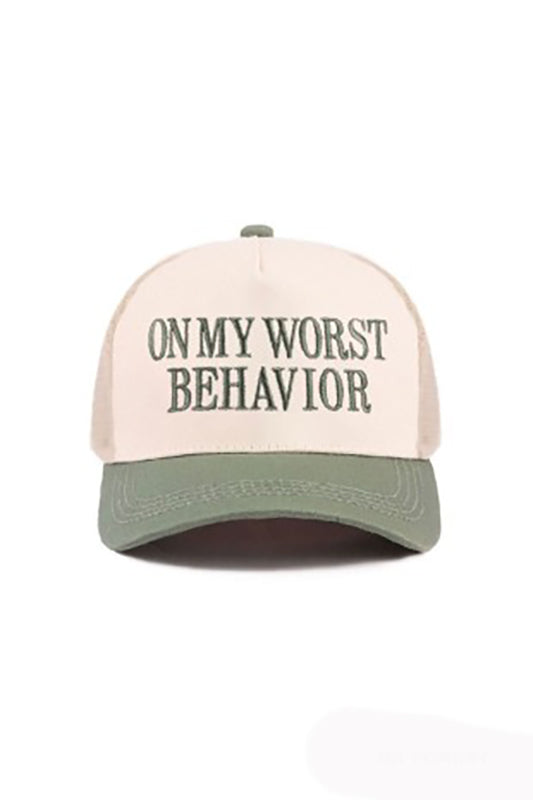 "On my worst behavior" Cap-Forest Green-[option4]-[option5]-Cute-Trendy-Shop-Womens-Boutique-Clothing-Store