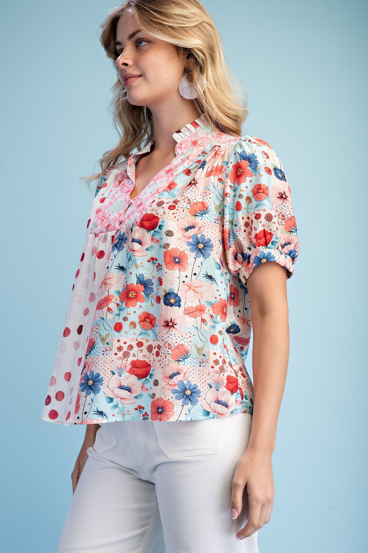 Coral Garden Mixed Print Blouse-Cute-Trendy-Shop-Womens-Boutique-Clothing-Store