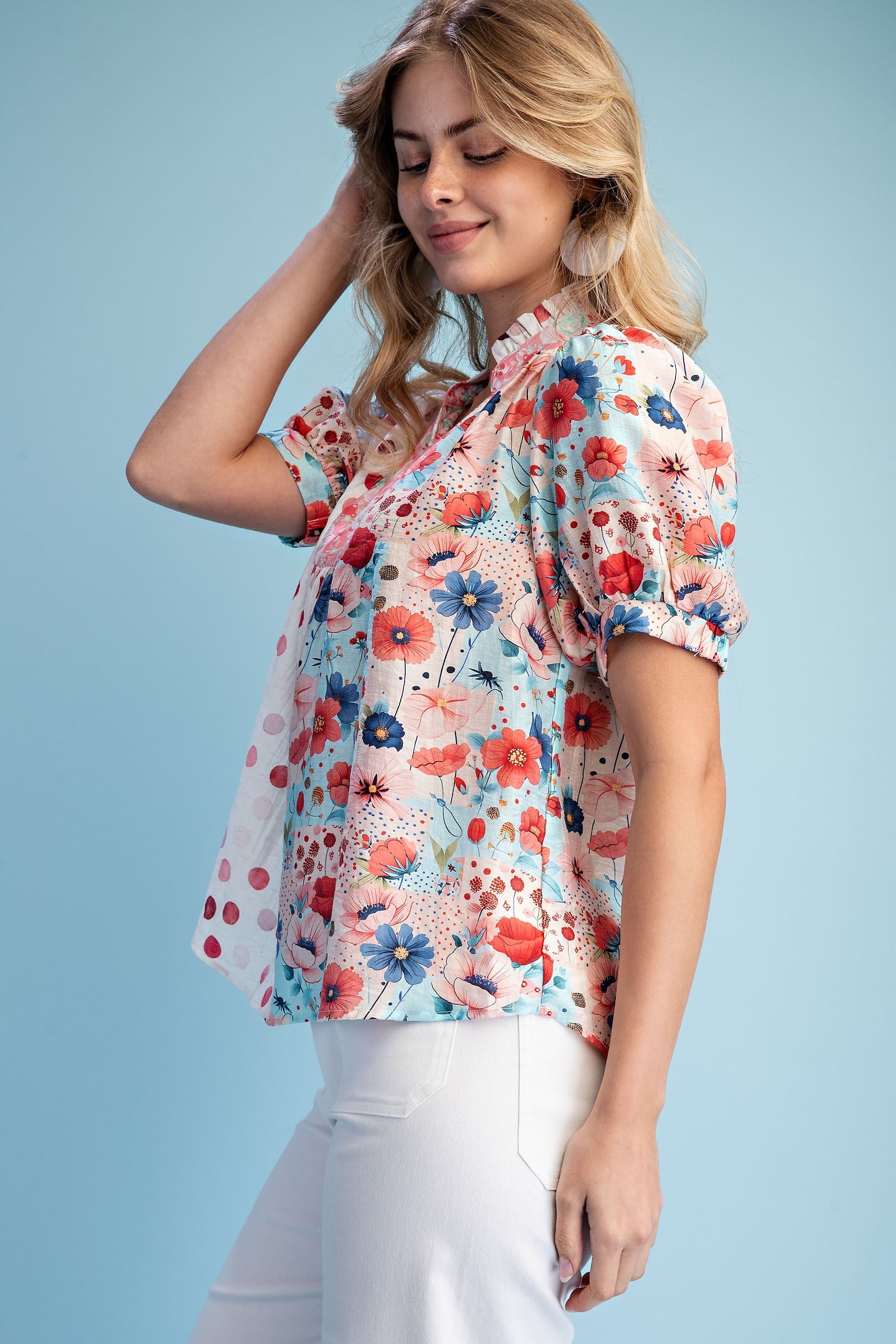 Coral Garden Mixed Print Blouse-Cute-Trendy-Shop-Womens-Boutique-Clothing-Store