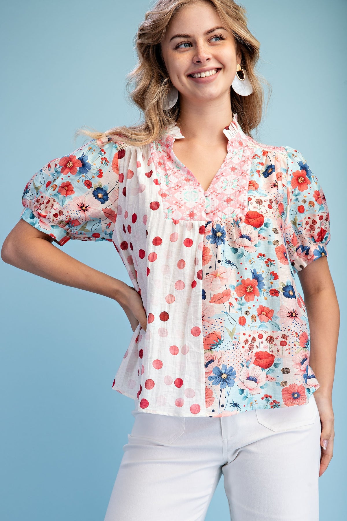 Coral Garden Mixed Print Blouse-Cute-Trendy-Shop-Womens-Boutique-Clothing-Store