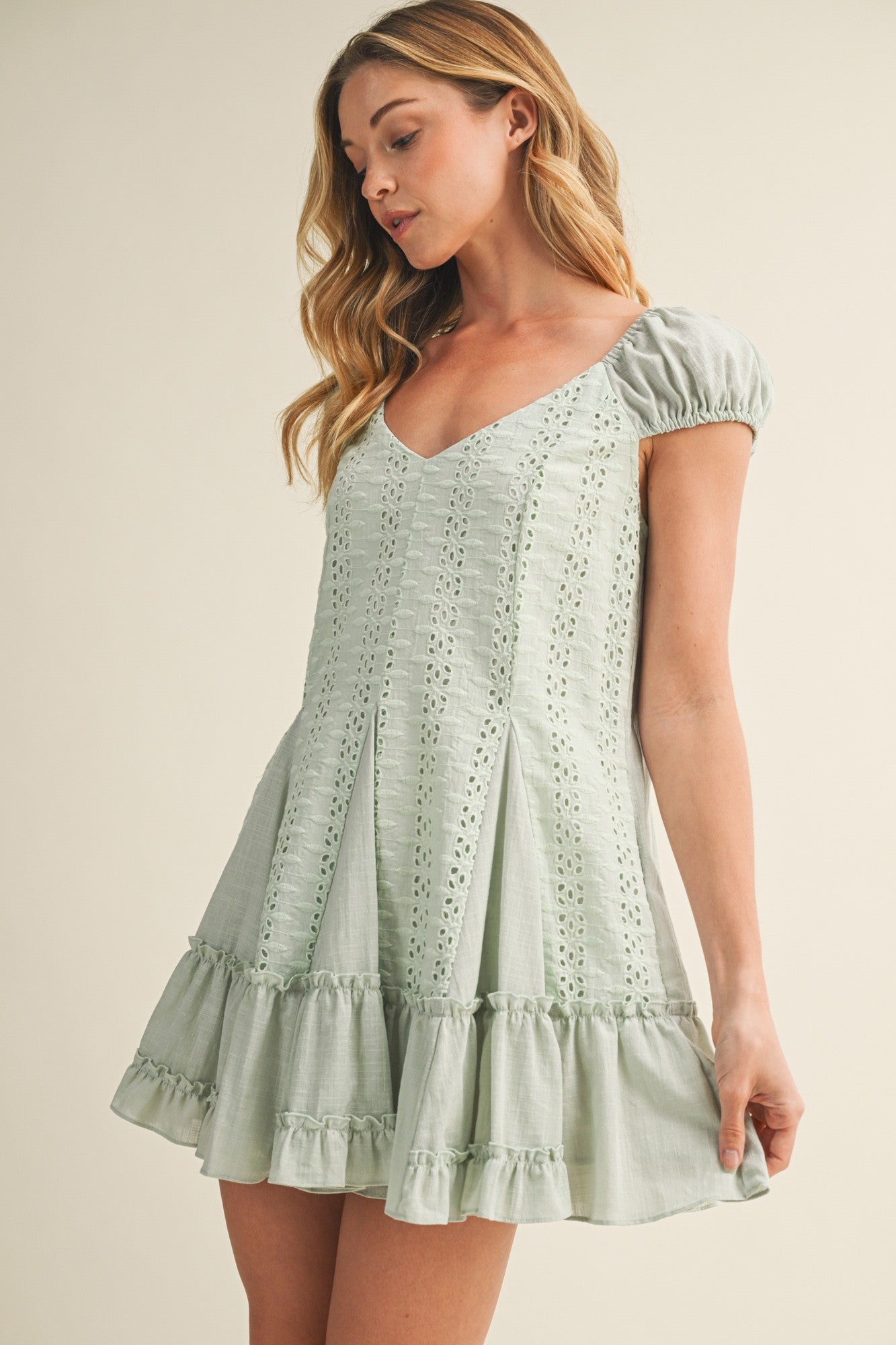 Sweetheart Puff Sleeve Eyelet Mini Dress-Cute-Trendy-Shop-Womens-Boutique-Clothing-Store