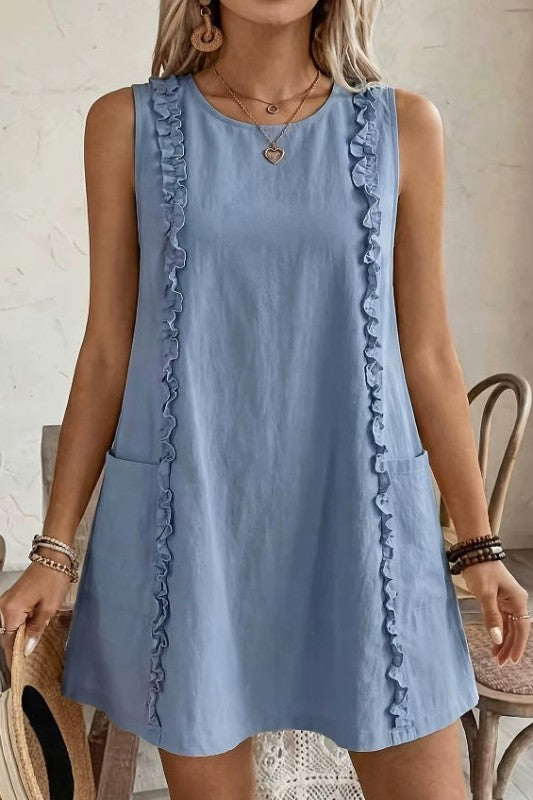 Sunny Day Charm Solid Ruffle Front Dress-Blue-SMALL-[option4]-[option5]-Cute-Trendy-Shop-Womens-Boutique-Clothing-Store