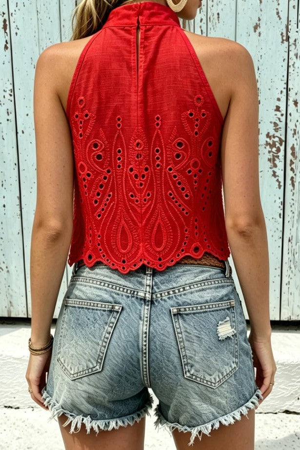 Crimson Horizon Eyelet Halter Top