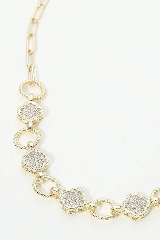 "Lucky Link" 14K Gold Plated CZ Quatrefoil Paperclip Necklace-[option4]-[option5]-Cute-Trendy-Shop-Womens-Boutique-Clothing-Store