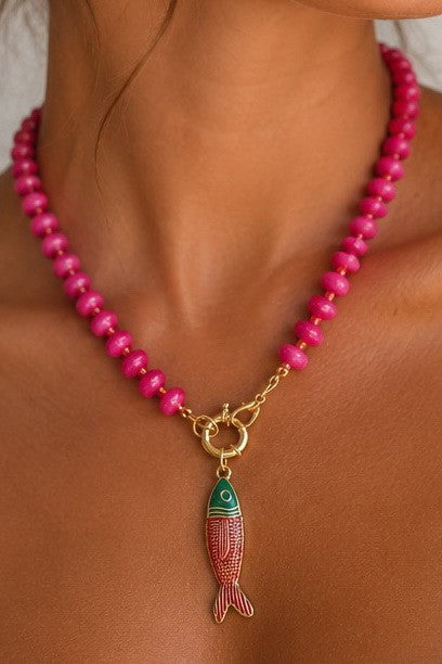 Hooked on You Fish Beaded Necklace-Fuchsia-Cute-Trendy-Shop-Womens-Boutique-Clothing-Store