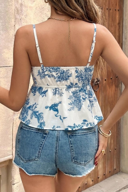 Coastal Toile Tie-Front Peplum Cami-[option4]-[option5]-Cute-Trendy-Shop-Womens-Boutique-Clothing-Store
