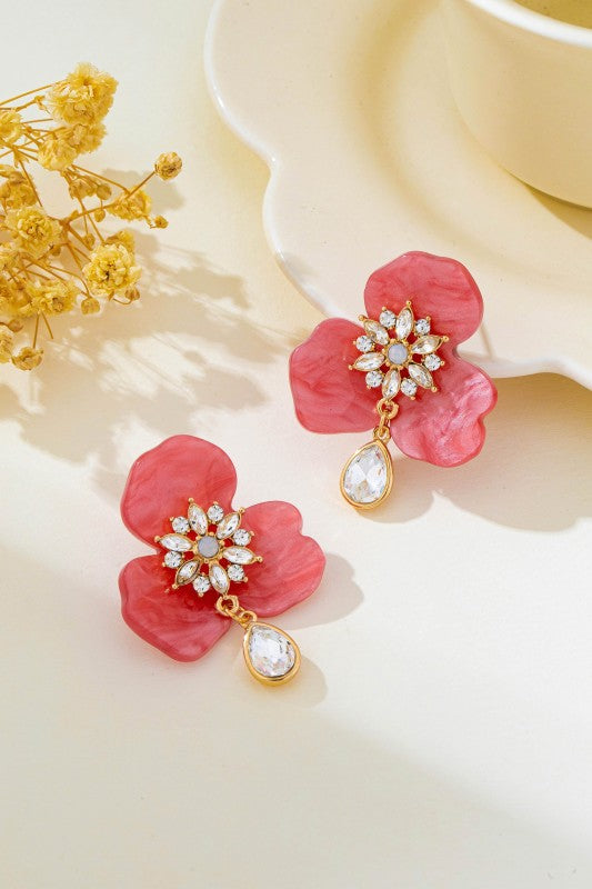 Blushing Bloom Rhinestone Teardrop Earrings