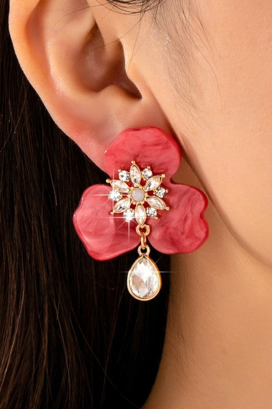 Blushing Bloom Rhinestone Teardrop Earrings