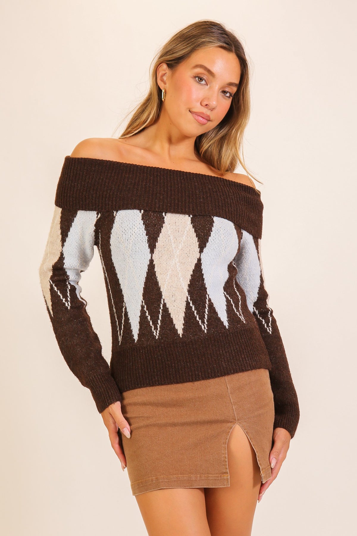 Uptown Argyle Off-the-Shoulder Sweater-Cute-Trendy-Shop-Womens-Boutique-Clothing-Store