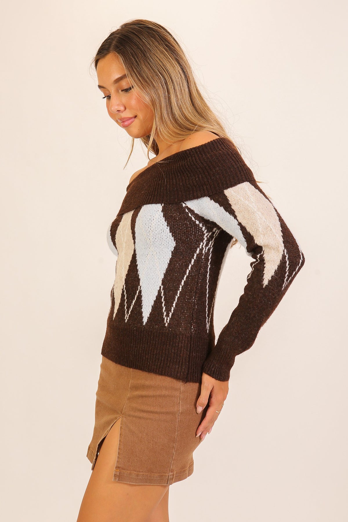 Uptown Argyle Off-the-Shoulder Sweater-Cute-Trendy-Shop-Womens-Boutique-Clothing-Store