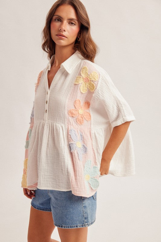 Pastel Patchwork Floral Gauze Top-[option4]-[option5]-Cute-Trendy-Shop-Womens-Boutique-Clothing-Store