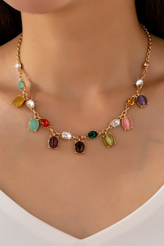 Oval Cat's Eye & Crystal Charm Necklace