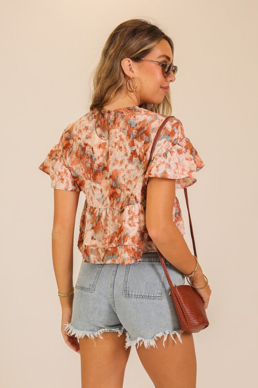 Watercolor Whimsy Tiered Ruffle Blouse-Brown-SMALL-[option4]-[option5]-Cute-Trendy-Shop-Womens-Boutique-Clothing-Store