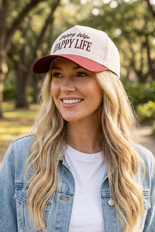 "Happy Wife, Happy Life" Two-Tone Cap-[option4]-[option5]-Cute-Trendy-Shop-Womens-Boutique-Clothing-Store