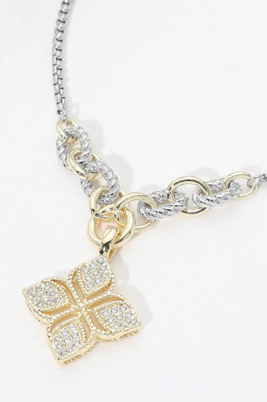 Lucky in Luxe Pavé Clover Two-Tone Necklace-Cute-Trendy-Shop-Womens-Boutique-Clothing-Store
