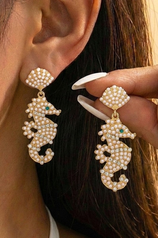 Under the Sea Pearl & Rhinestone Seahorse Earrings-Cute-Trendy-Shop-Womens-Boutique-Clothing-Store