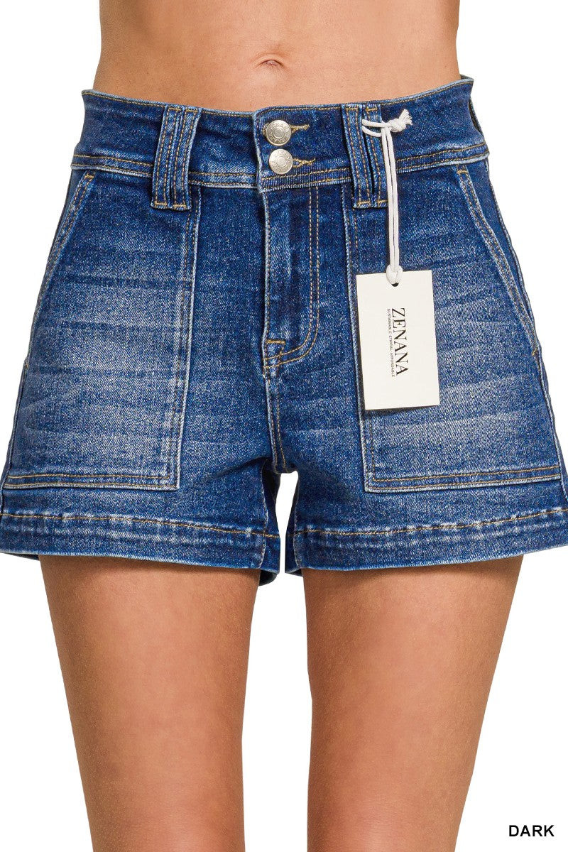 Friendly Lunch Utility Pocket Denim Shorts-Dark Denim-SMALL-Cute-Trendy-Shop-Womens-Boutique-Clothing-Store
