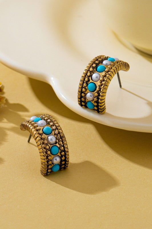 Mesa Ridge Beaded Brass & Turquoise Half-Hoop Studs-Cute-Trendy-Shop-Womens-Boutique-Clothing-Store