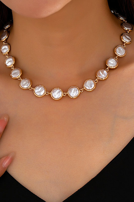 Bezel-Set Faux Coin Pearl Station Necklace-Cute-Trendy-Shop-Womens-Boutique-Clothing-Store