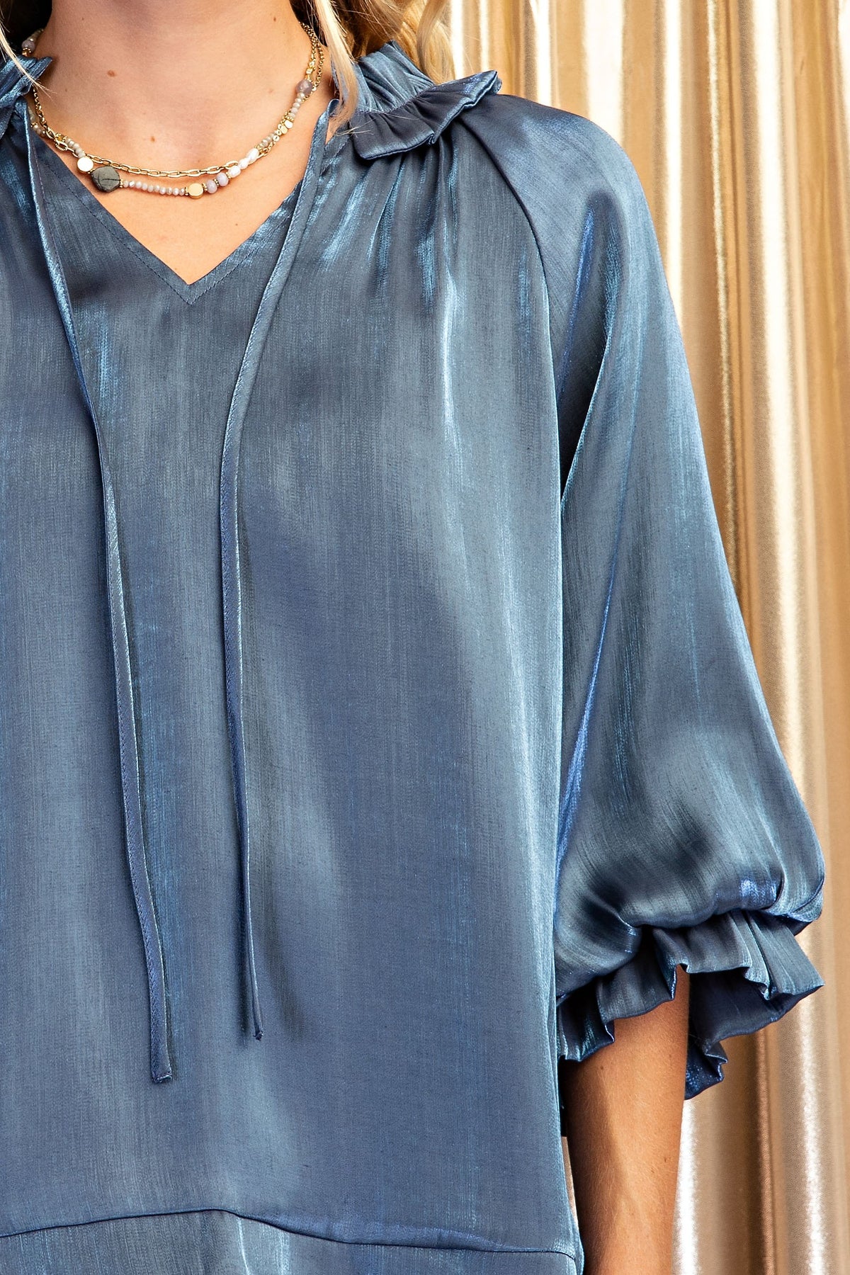 Shimmer & Scallop Tie-Neck Blouse-Cute-Trendy-Shop-Womens-Boutique-Clothing-Store