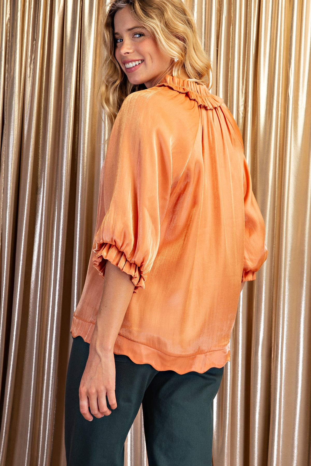 Shimmer & Scallop Tie-Neck Blouse-Cute-Trendy-Shop-Womens-Boutique-Clothing-Store