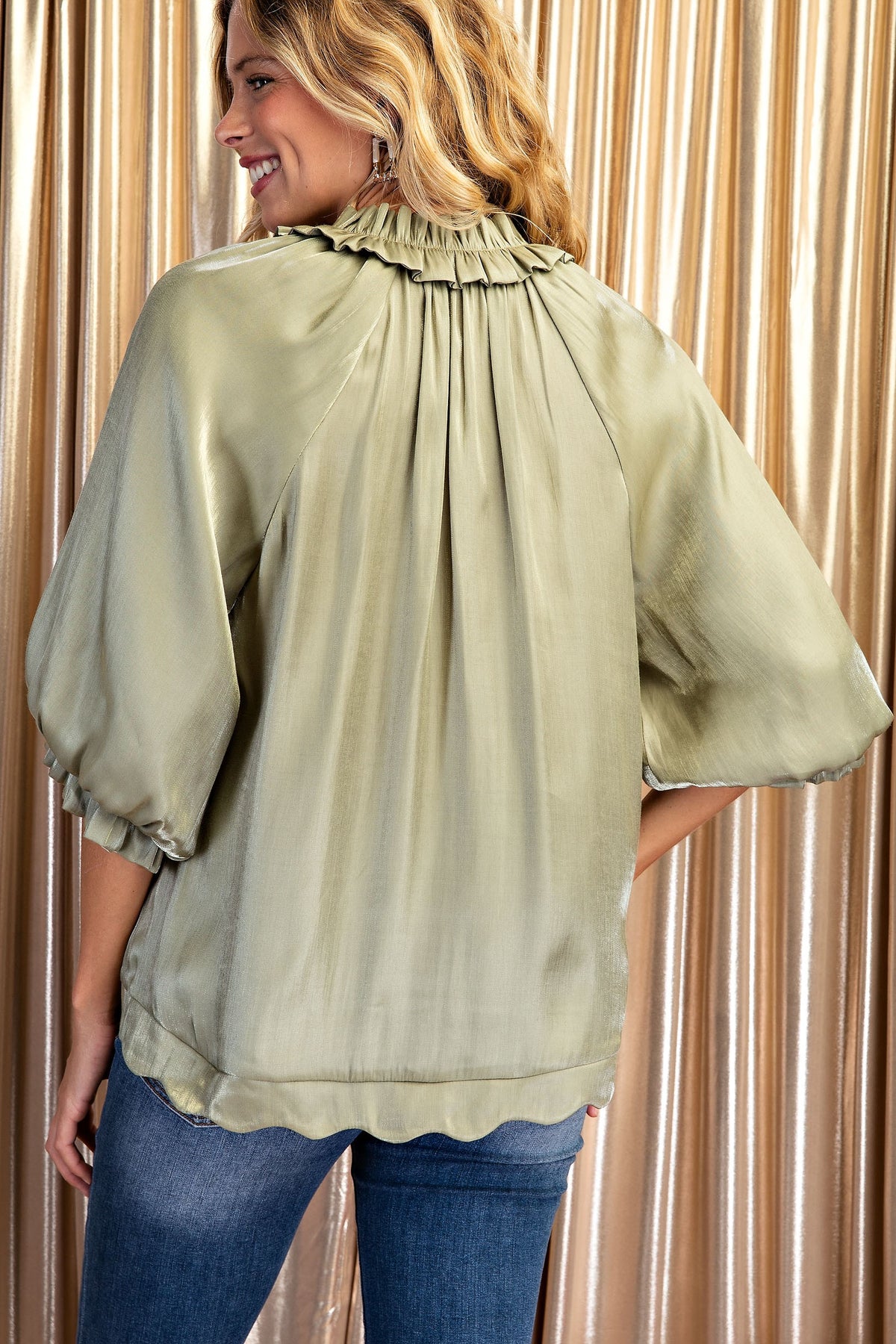 Shimmer & Scallop Tie-Neck Blouse-Cute-Trendy-Shop-Womens-Boutique-Clothing-Store