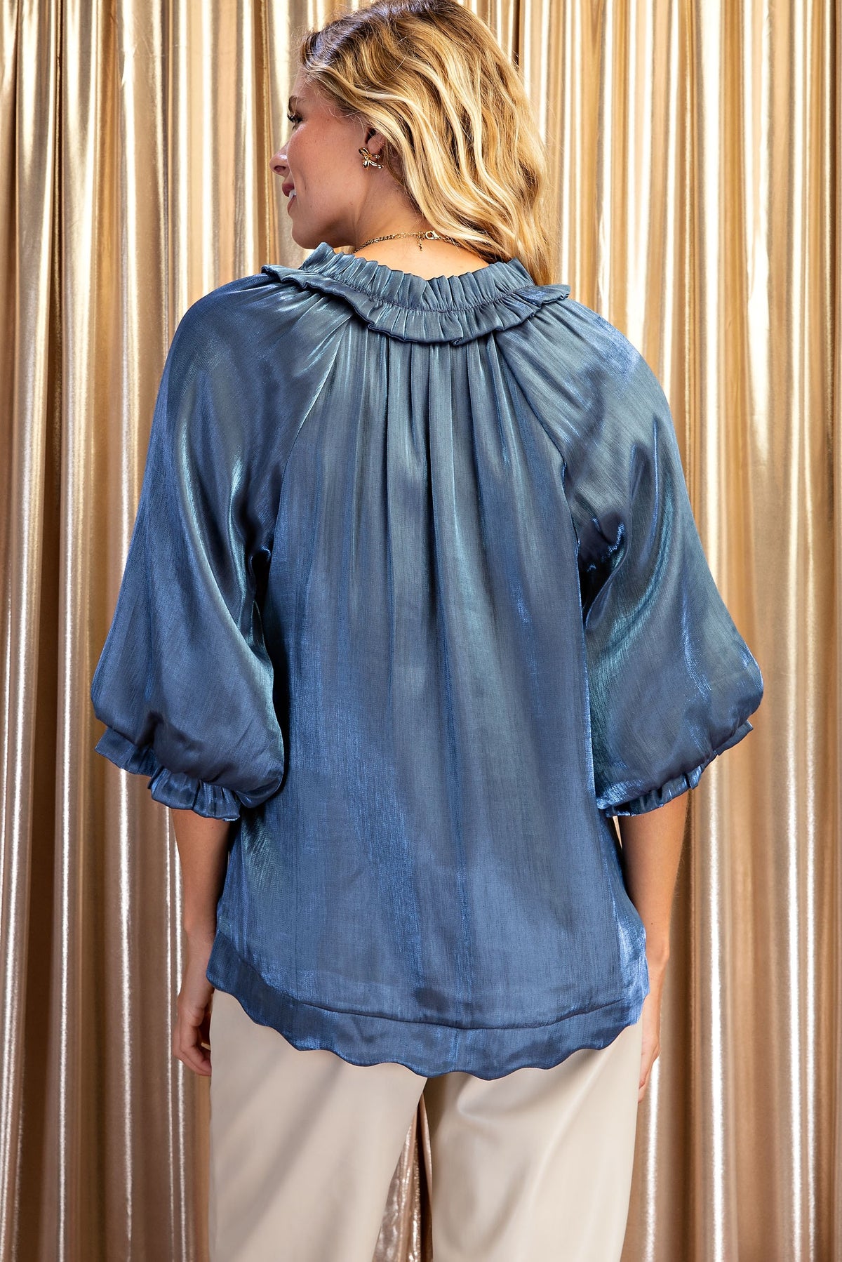 Shimmer & Scallop Tie-Neck Blouse-Cute-Trendy-Shop-Womens-Boutique-Clothing-Store