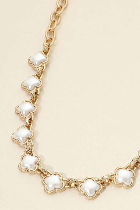 Lucky Charm Pearl Quatrefoil Link Necklace-Cute-Trendy-Shop-Womens-Boutique-Clothing-Store