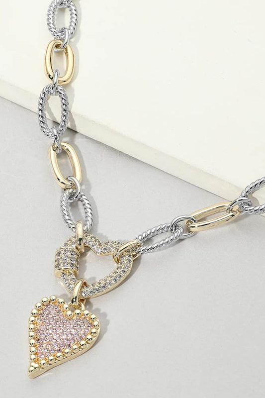 Pink Passion Pavé Heart Chunky Chain Necklace-Cute-Trendy-Shop-Womens-Boutique-Clothing-Store