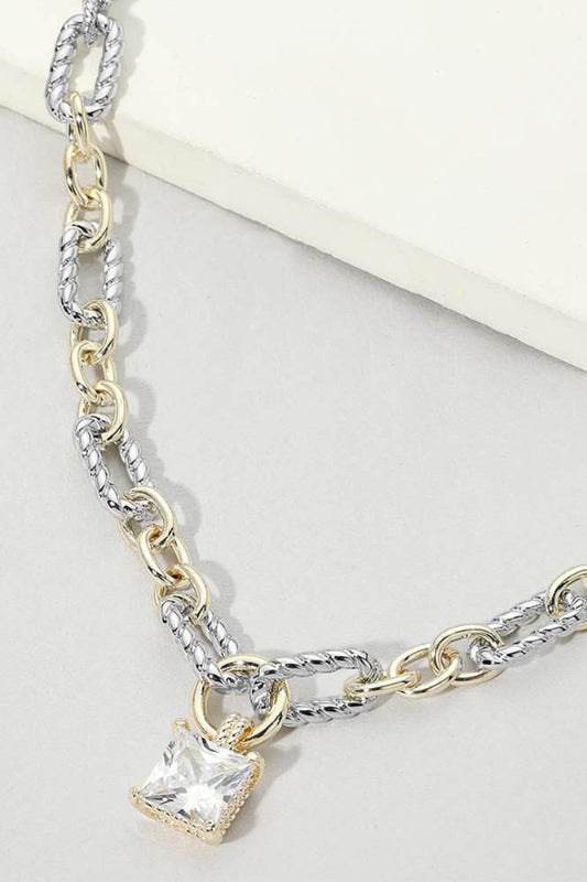Glitz & Glam Princess Cut Mixed Link Necklace-Clear-Cute-Trendy-Shop-Womens-Boutique-Clothing-Store