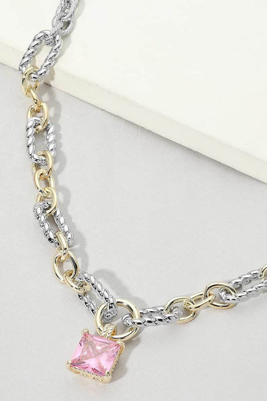Glitz & Glam Princess Cut Mixed Link Necklace-Pink-Cute-Trendy-Shop-Womens-Boutique-Clothing-Store