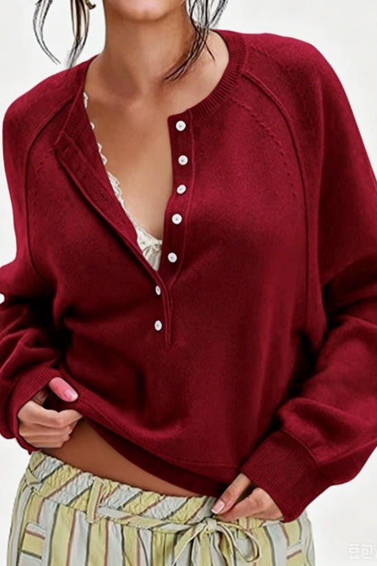 The Soft Henley Button Knit Pullover-Burgundy-SMALL-Cute-Trendy-Shop-Womens-Boutique-Clothing-Store
