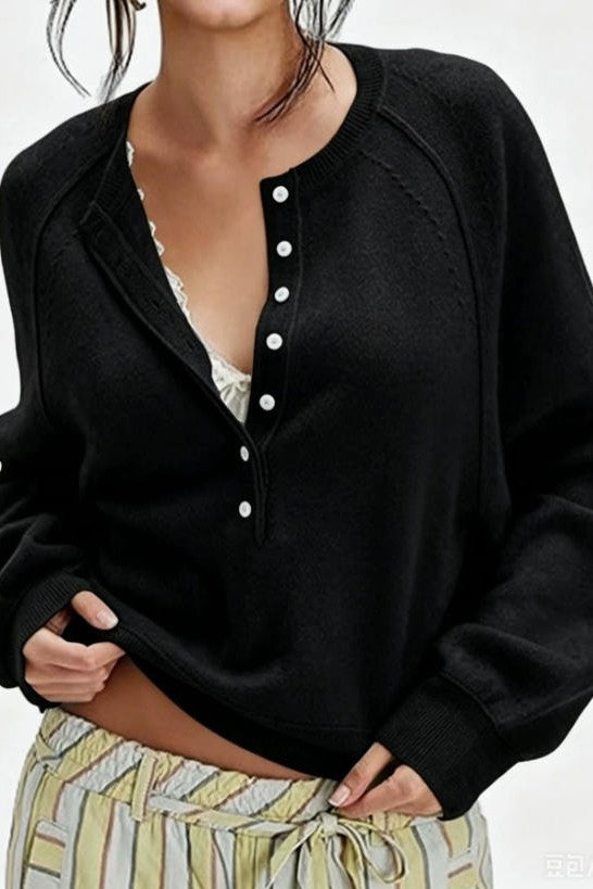 The Soft Henley Button Knit Pullover-Black-SMALL-Cute-Trendy-Shop-Womens-Boutique-Clothing-Store