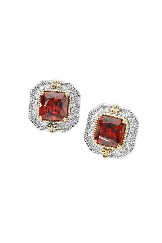 Square CZ Halo Statement Stud Earrings-Red-Cute-Trendy-Shop-Womens-Boutique-Clothing-Store