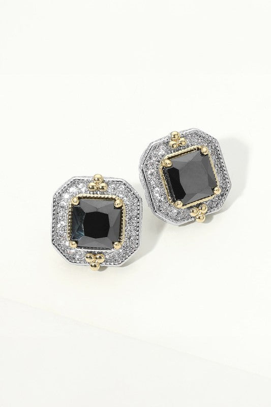Square CZ Halo Statement Stud Earrings-Black-Cute-Trendy-Shop-Womens-Boutique-Clothing-Store