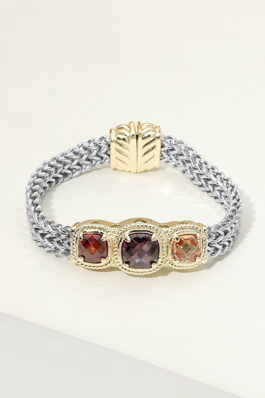 Two-Tone Triple CZ Stone Magnetic Statement Bracelet-Cute-Trendy-Shop-Womens-Boutique-Clothing-Store