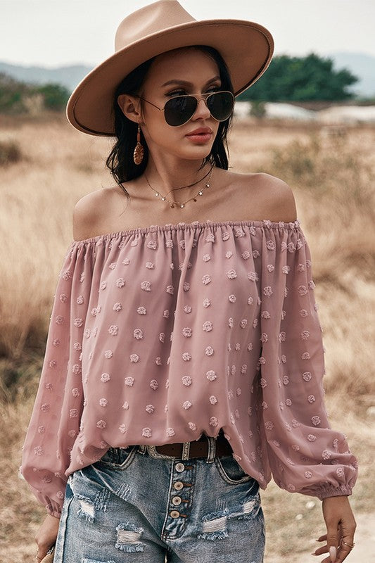 Martini Time Mauve Dotted Off Shoulder Top-[option4]-[option5]-Cute-Trendy-Shop-Womens-Boutique-Clothing-Store